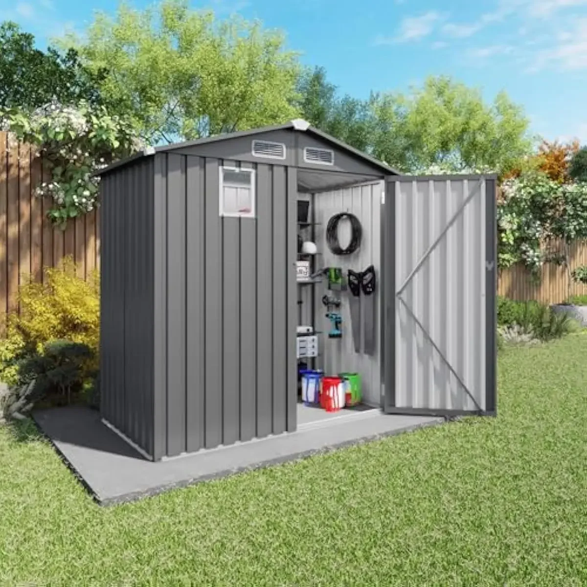 6 ft x 3.6 ft weatherproof metal storage unit with peaked roof, reinforced galvanized steel frame, translucent polypropylene win