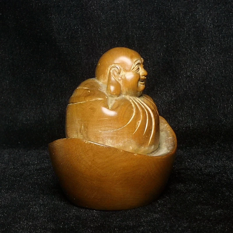 Chinese Hand-carved Boxwood shoe-shaped gold ingot Maitreya Buddha statue 7.8 CM