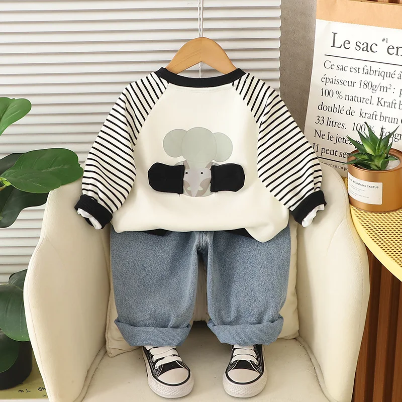 Baby Boy Fall Clothes 2025 Korean Fashion Cartoon Print Long Sleeve Pullover Tops and Pants Two Piece Set Toddler Boys Outfits