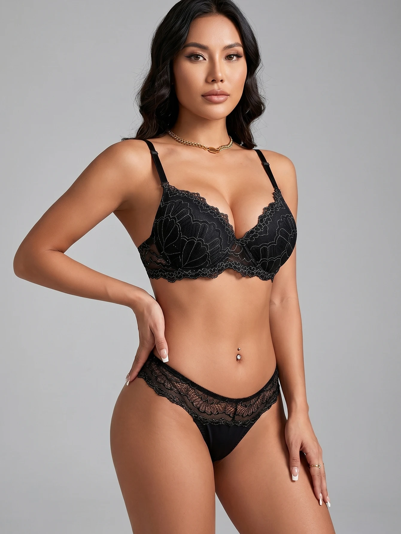 Women Black Lace Bra Set Sexy Floral 3/4 Cup Push Up Padded Lingerie Set Bralette and Panty Set B6116
