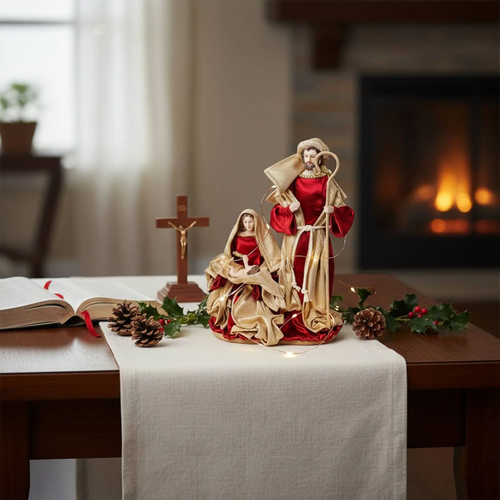 13 Inch Holy Family Figurine Freestanding Textile Dressed Nativity Statue Christmas Manger Scene Decoration Elegant Design