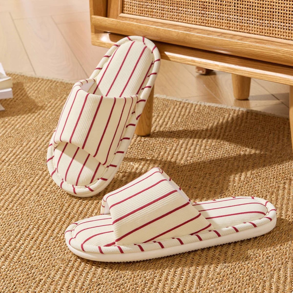 

New Linen Cotton Floor Shoes Women Breathable Flats Men Concise Home Slippers Comfortable Couples Indoor Striped Soft Slides