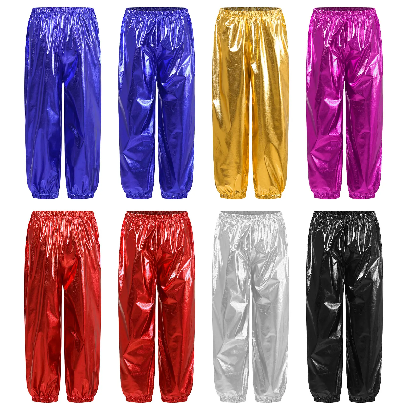 Kids Boys Girls Jazz Dance Metallic Pant Cheerleading Costume Elastic Waistband Trouser for School Show Dance Party Performance