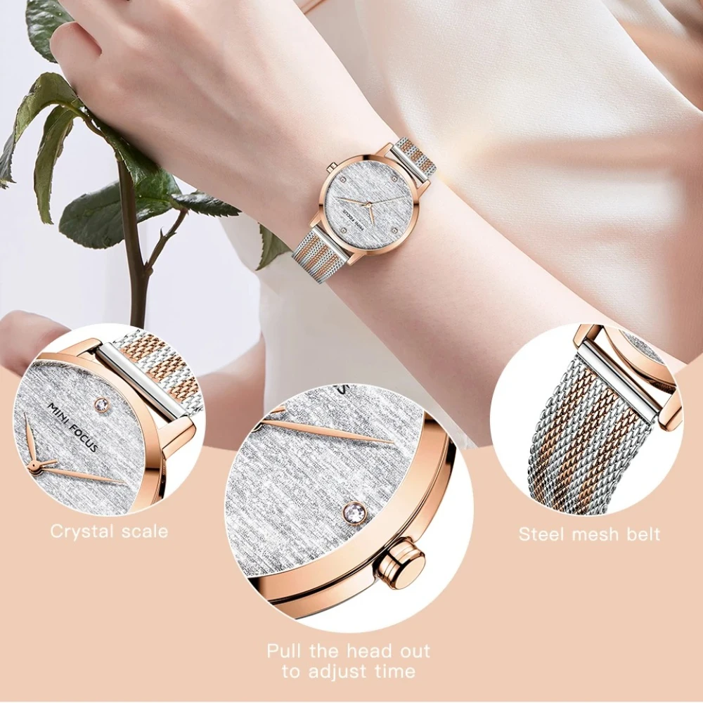 MINI FOCUS 0329L Fashion Simple Stainless Steel Mesh Belt Quartz Women's Watch Waterproof Diamond Watches for Women Reloj Hombre