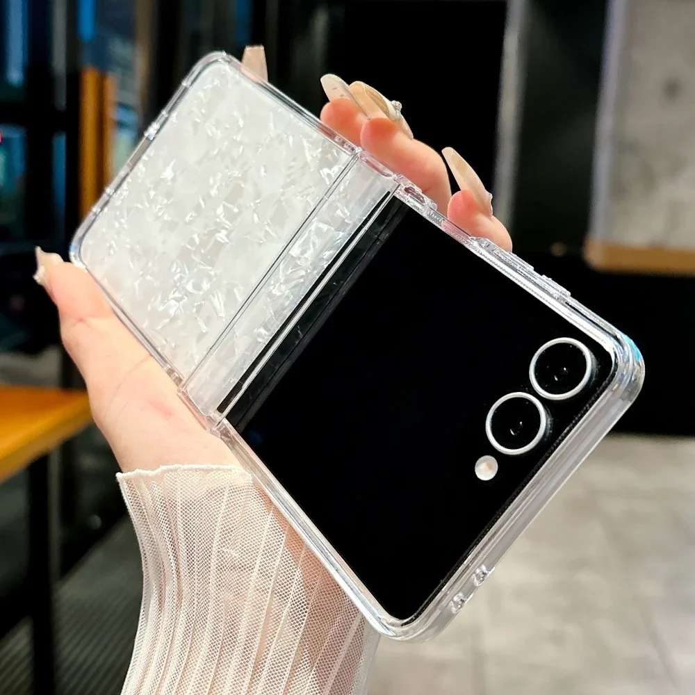 

For Samsung Galaxy Z Flip 7 FE 6 5 3 5G Luxury Fashion Aurora Laser Shell Pattern Shockproof Hinge Full Protection Case Cover