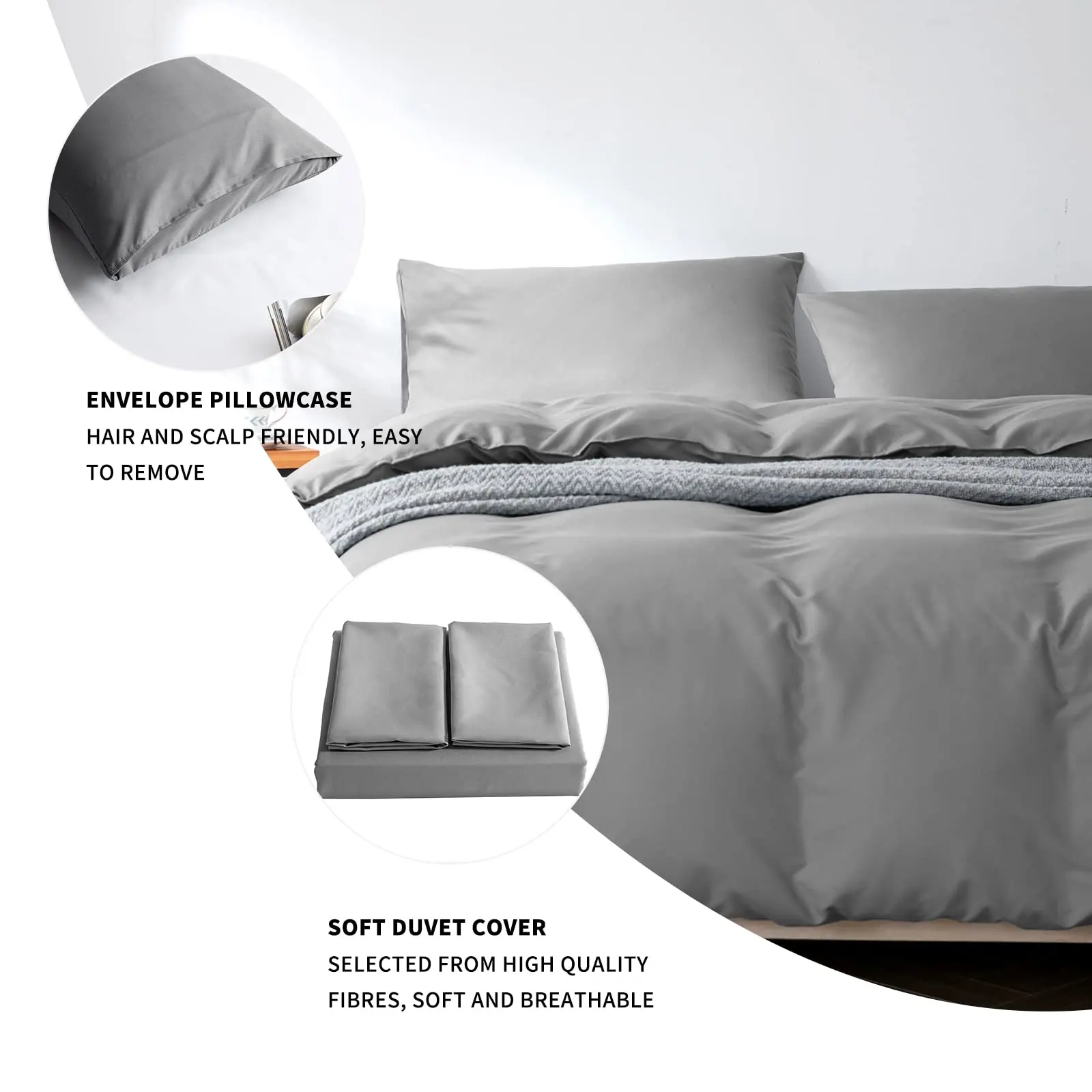 Single Size Microfiber Polyester Duvet Cover Set: Including 2 Pillowcases, Soft Bedding in Light Grey