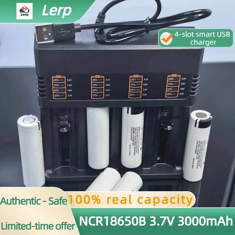 العلامة التجارية الجديدة 18650 + شاحن 18650B 3.7 فولت 3000 مللي أمبير 100% القدرة الفعلية ، 4-فتحة شاحن USB الذكية حزمة بطارية المصباح #1
