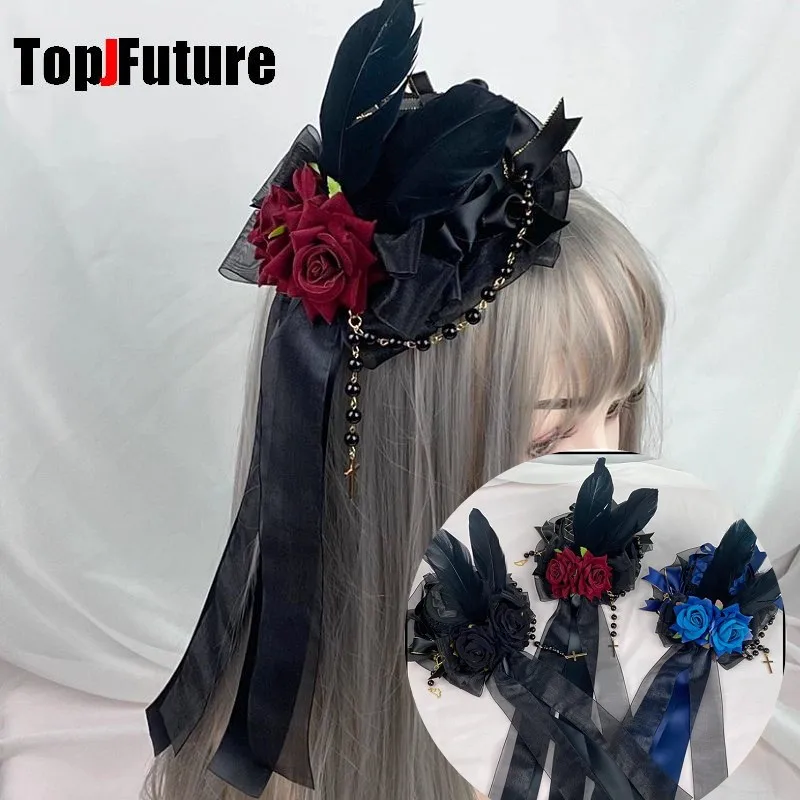

Headwear Spike Lolita Y2K girl Gothic Punk Harajuku ball Rose pearl feather Small hat elegant Hairpins clip Hair clip hairgrips