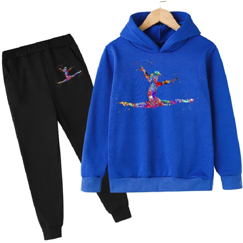 Watercolor Gymnastics Art Print Cute Sweatshirts Set Girls GYM Lover Birthday Gift Clothes Kids Hooodie Pants + Hoodie SET Blue