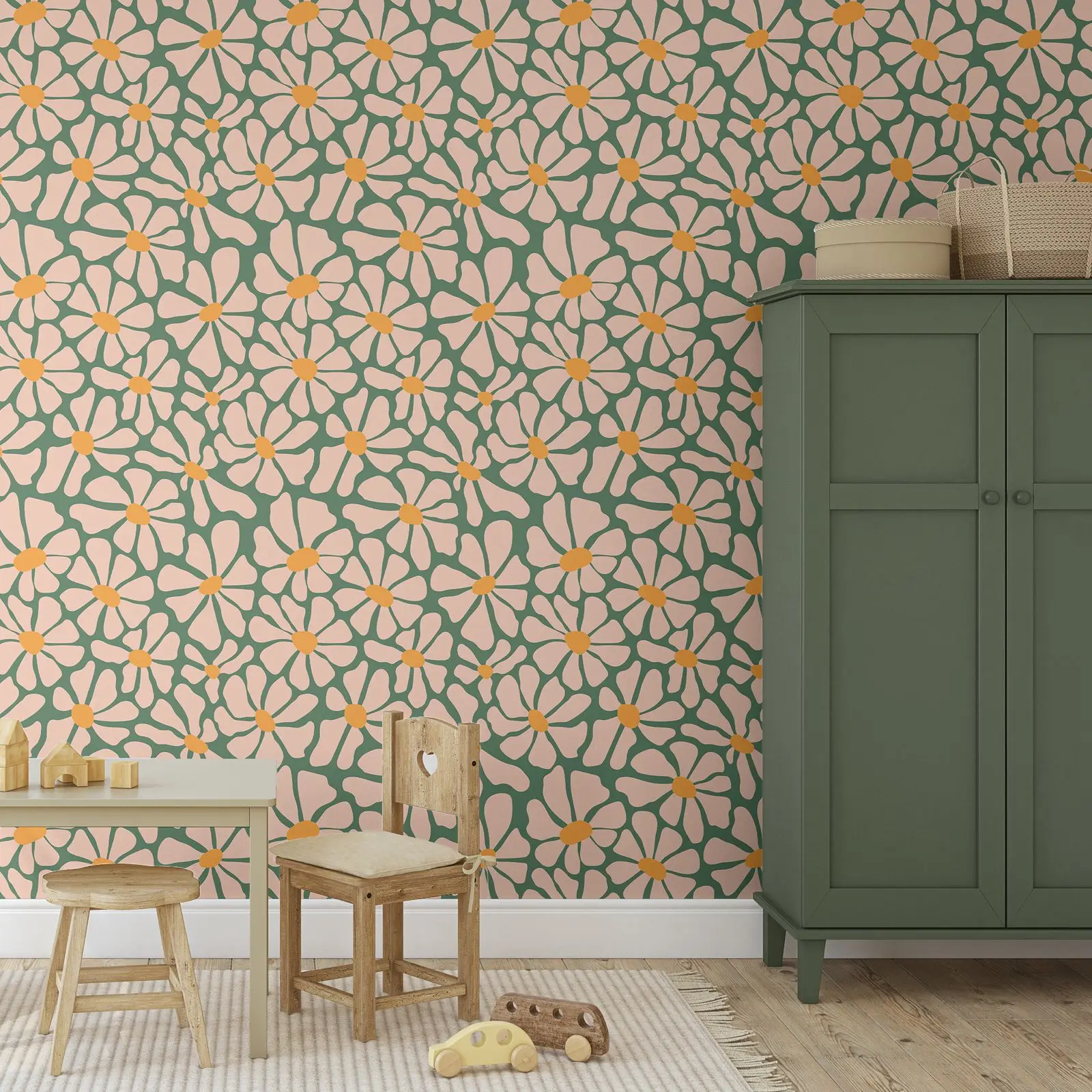 Funky Daisy Wallpaper, Retro Green Orange Decor Removable Peel Stick, Wstępnie zawieszane botaniczne kwiatowe tapety ścienne do sypialni i łazienki