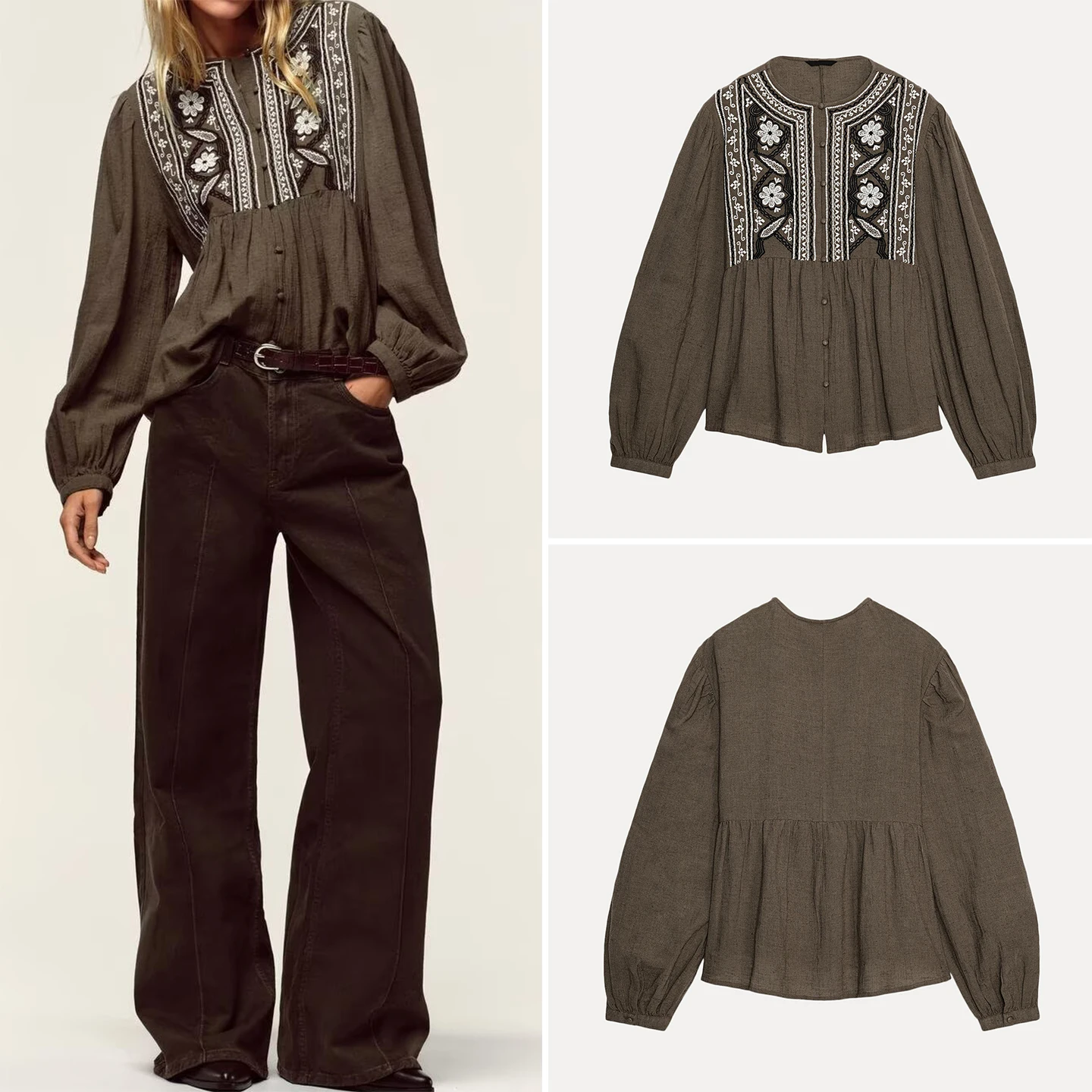 

Модная женская блузка с круглым вырезом, длинными рукавами, вышивкой и цветовыми блоками, повседневная, свободного кроя, дышащая, комфортная, 2025 A