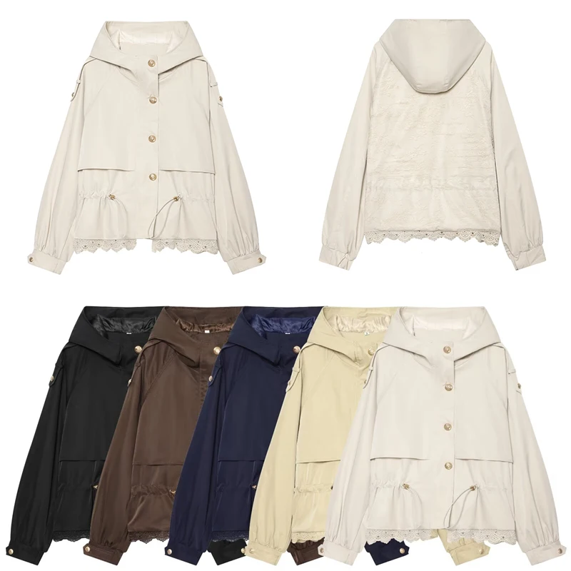 Guobioziy Women's Slim Fit Hooded Lace Cotton Jacket 2026 Spring-Autumn French Casual Fashion Trendy British Classic Streetwear