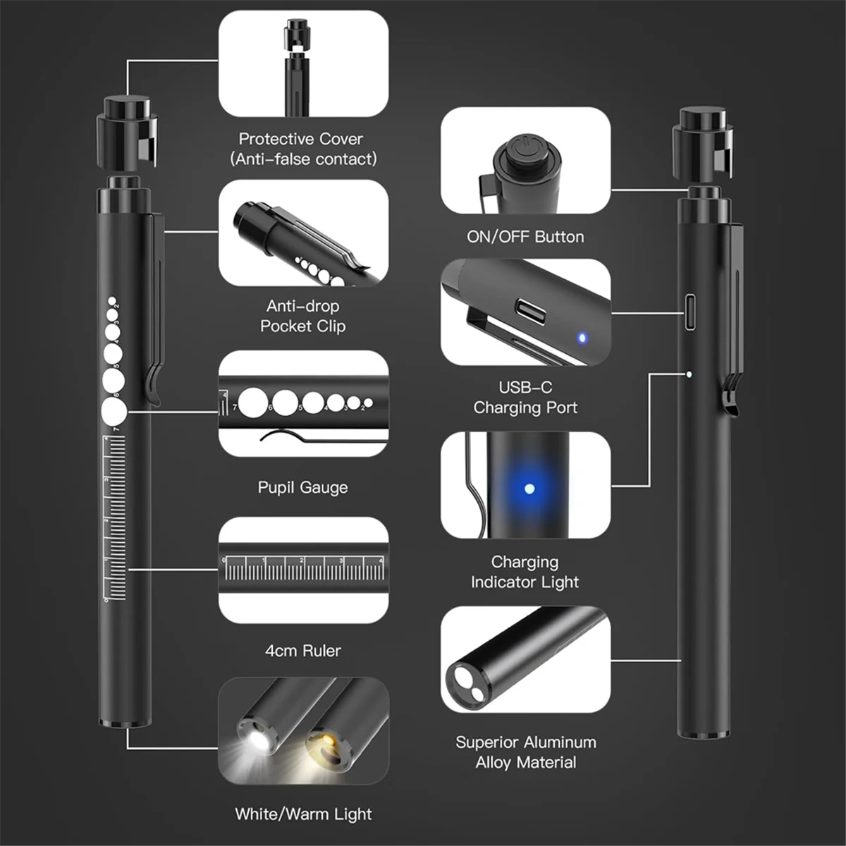 2Pcs Rechargeable Pen Lights with Pupil Gauge & Ruler, LED Penlights for Nurses Doctors, Echargeable, Warm/White