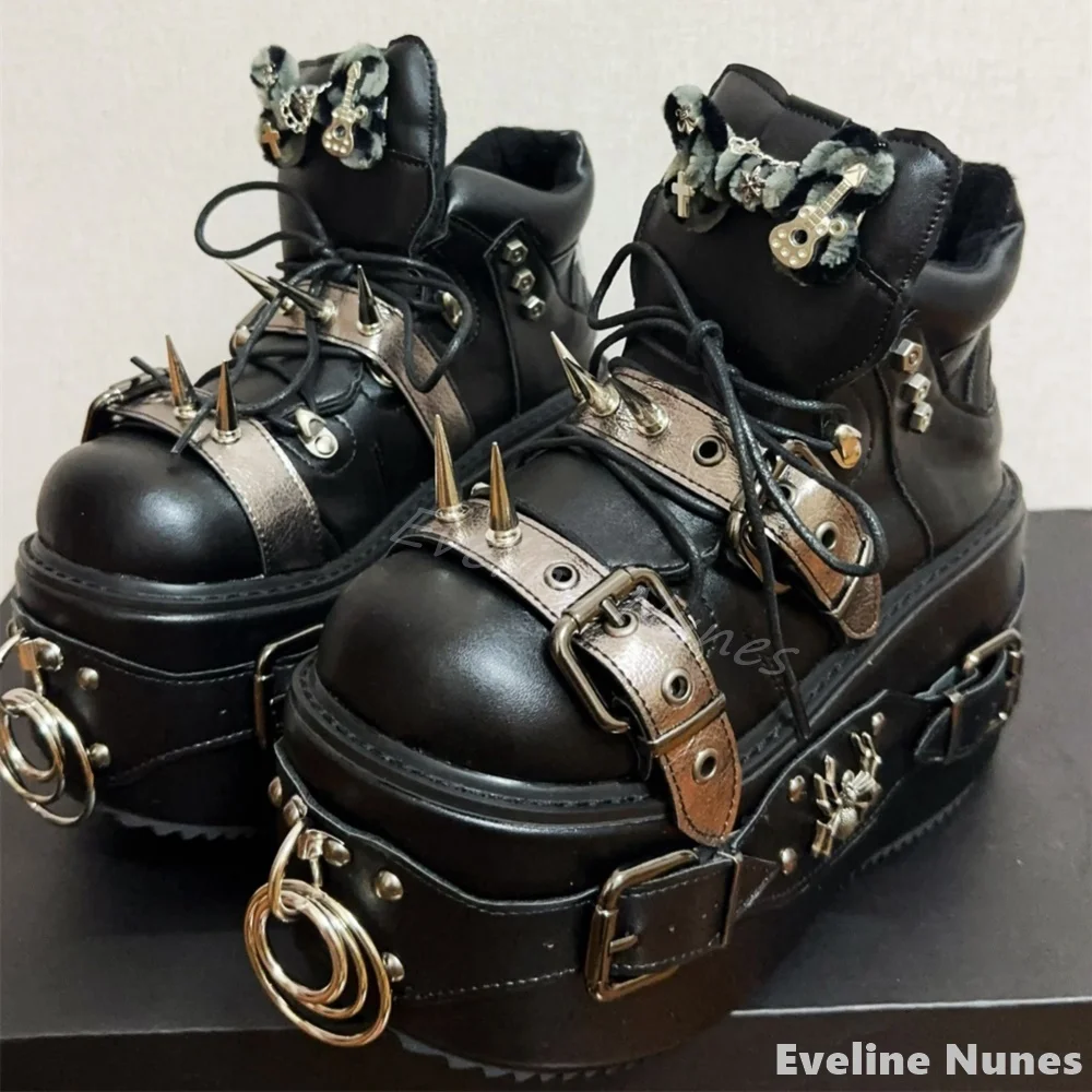 

Belt Buckle Rivet Heavy Metal Punk Shoes Women Big Head Platform Lace Up Ankle Boots 2025 New Black Leather Hotties Short Boots