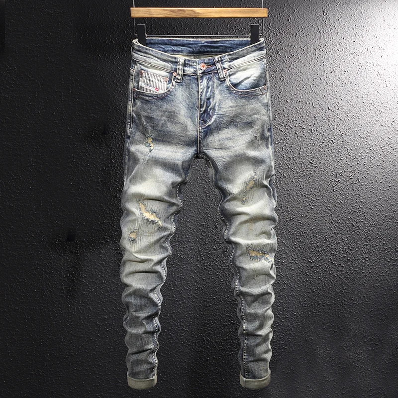 

Streetwear Fashion Men Jeans Retro Washed Elastic Destroyed Slim Ripped Jeans Men Patchwork Designer Vintage Casual Denim Pants