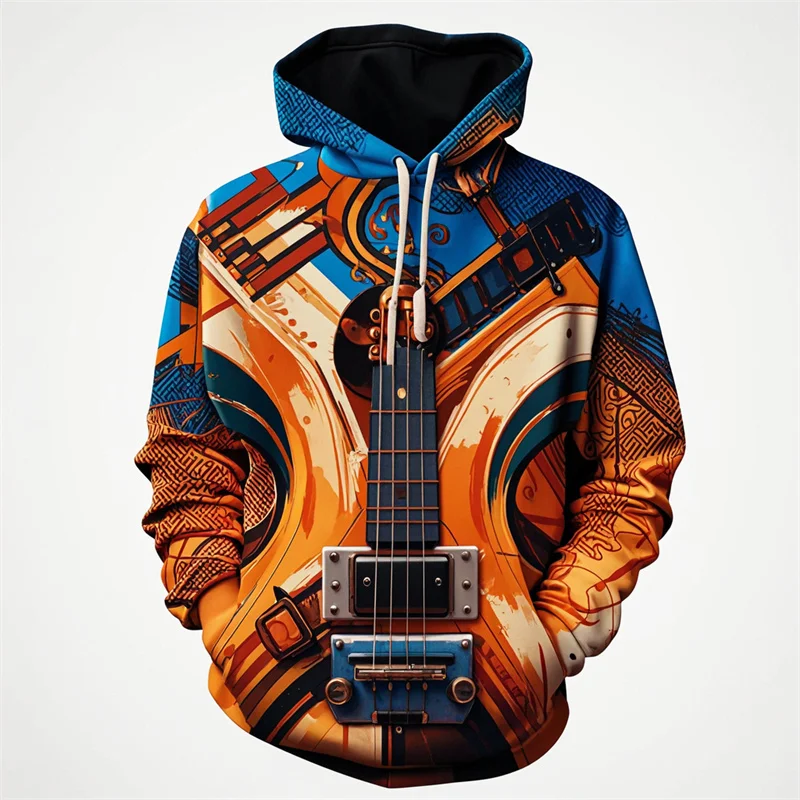 Full Print Musical Instruments Pattern Hoodie For Men Casual Colorful Sweatshirt Fashion Long Sleeve Pullover Hoodies Tops