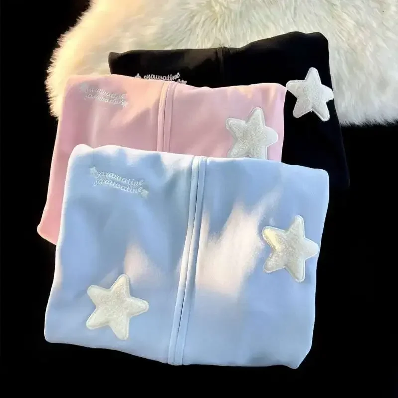 

Y2K Harajuku Solid Color Star Patch Hooded Sweatshirt Korean Preppy Street Wear Men Women Autumn Loose Causal Cardigan Jacket