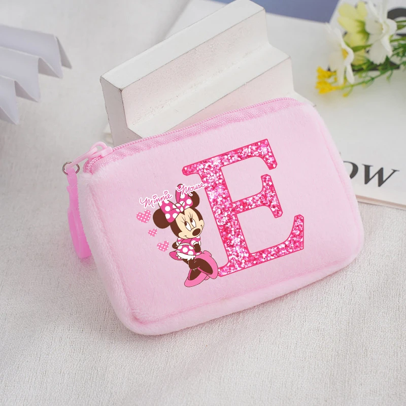 Minnie Mouse Square Plush Coin Purse Disney Anime Cartoon Letter Printed Wallet Boys Girls Kawaii Mini Key Storage Bags Gifts