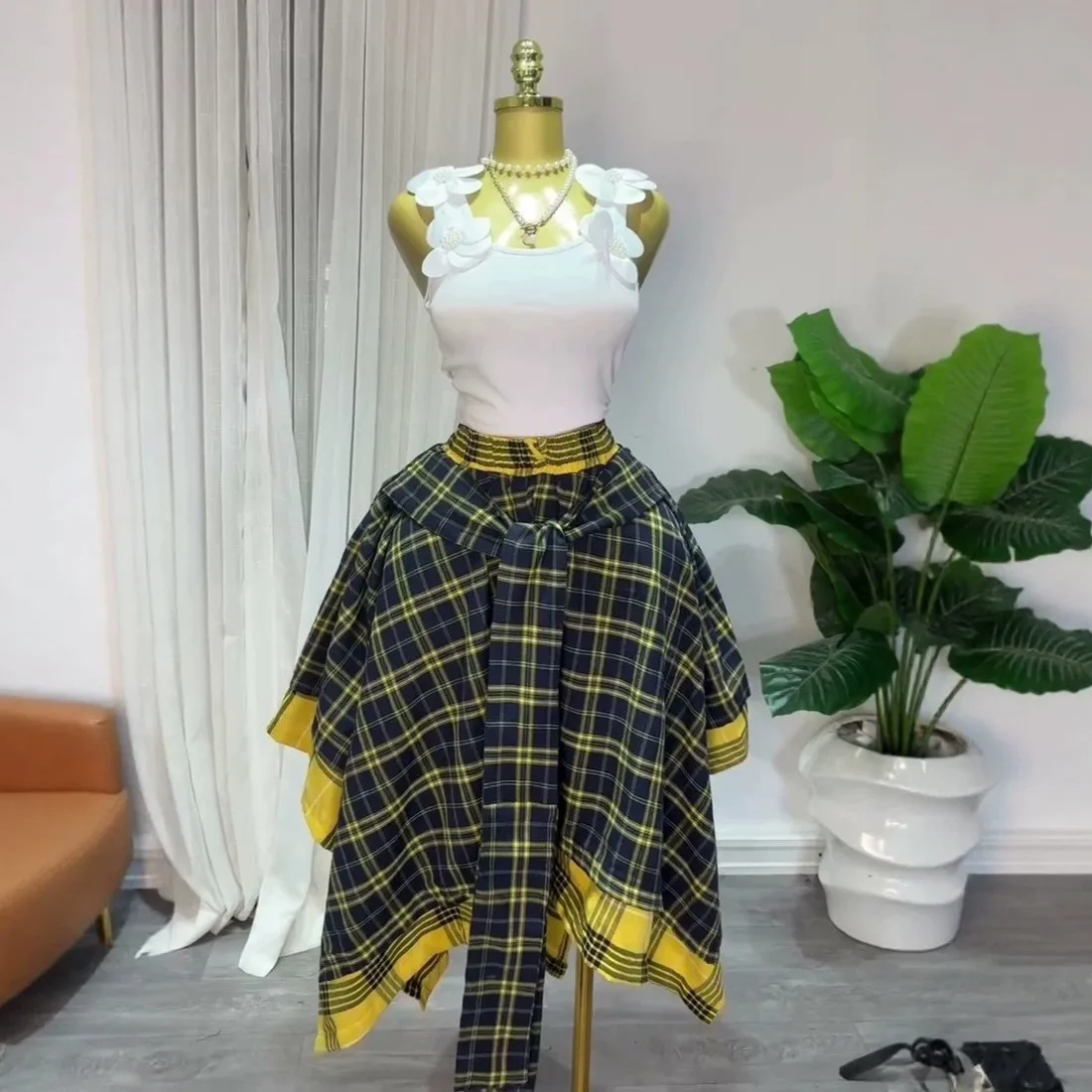 No Stretch Skirt Plaid Midi Length Sweet and Fresh with Printed a Line Fresh and Sweet Striped Summer Women Skirt