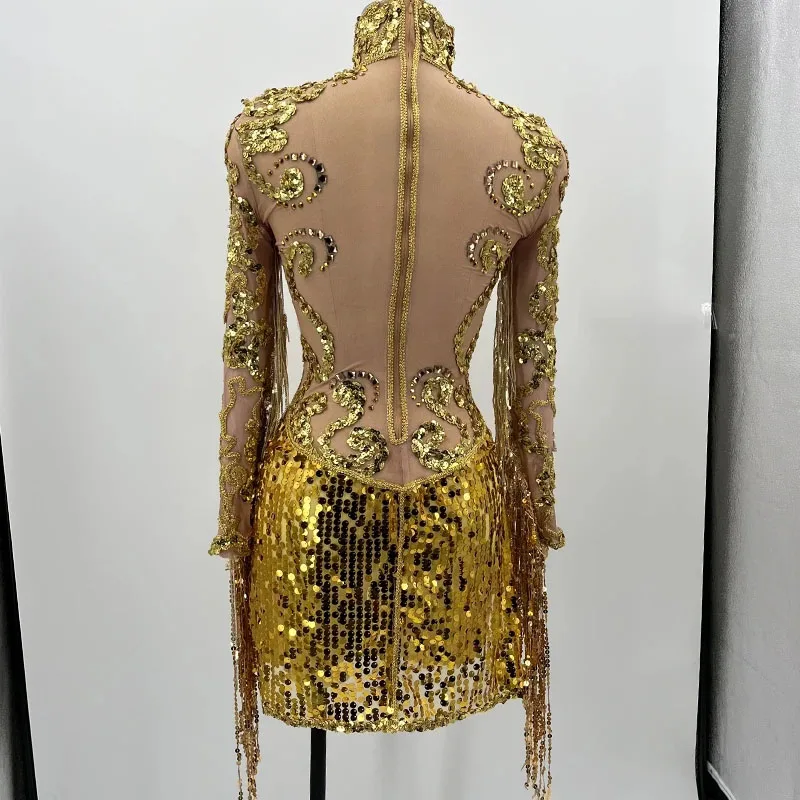 Robe de danse latine à franges pour femmes, tenue de chanteur, fête sexy, paillettes transparentes, costume de drag queen