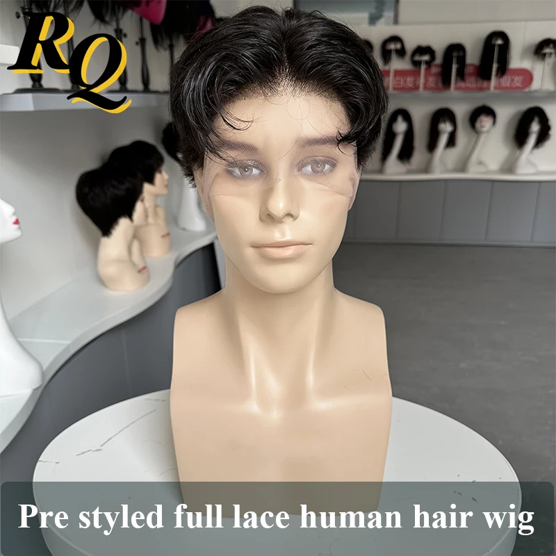 Pre Styled Full Lace Human Hair Wig For Men Toupee Hair System Male Wig Styled Cut Hair Transparent Lace Wig Replacement