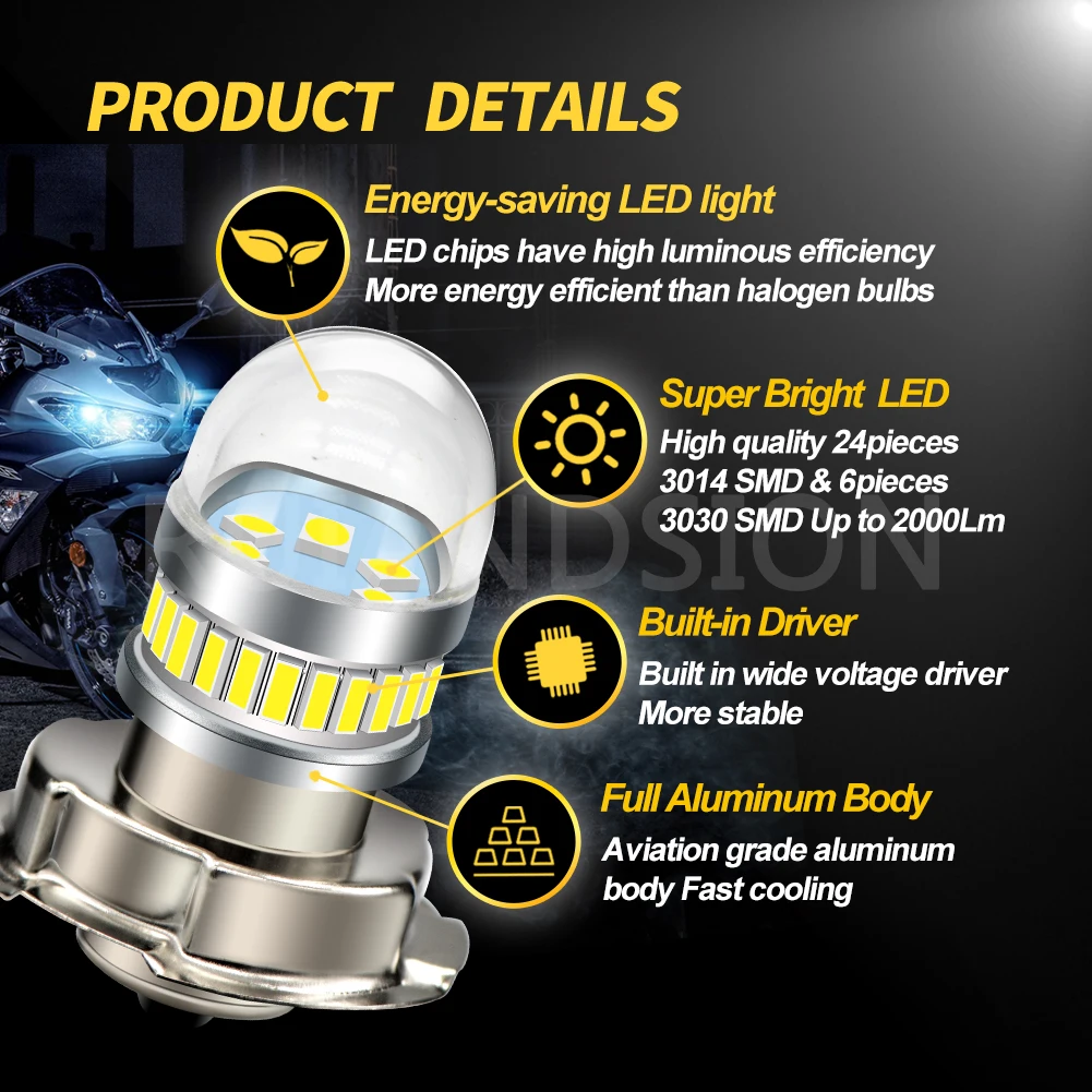 RUIANDSION P26S LED Bulb 10-30V AC/DC S3 White Motorcycle Headlight 2000LM 300% Brighter Than Halogen 10X Longer Life 2Pcs