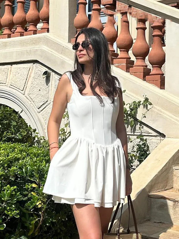 HH 女性用サマーセクシー スリムミニドレス 無地 スクエアカラー ノースリーブ バックレス プリーツ飾り ジッパー付き レディースファッションドレス