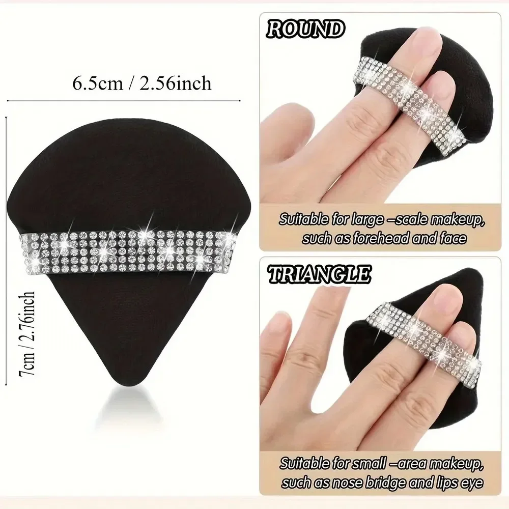 1/3/5/12Pcs Triangle Fan‑Shaped Crystal Velvet Loose Makeup Puff with Rhinestone Diamond Ribbon Smooth Setting Makeup Puff Tool