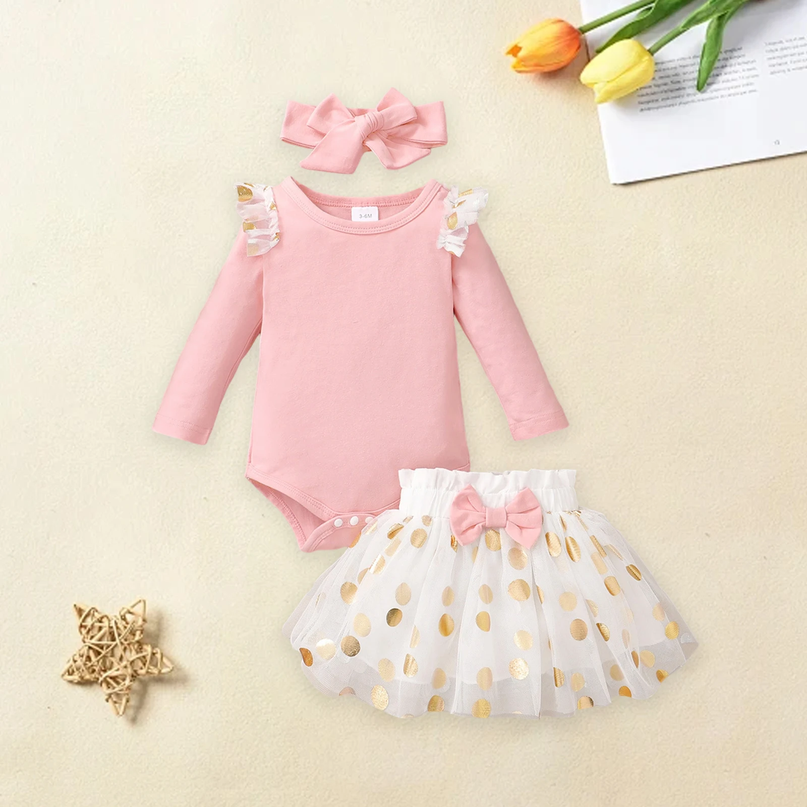 0-24M 幼児ベビー女の子服セット長袖フリルロンパースとドットチュールスカートとヘッドバンド 3 ピース衣装
