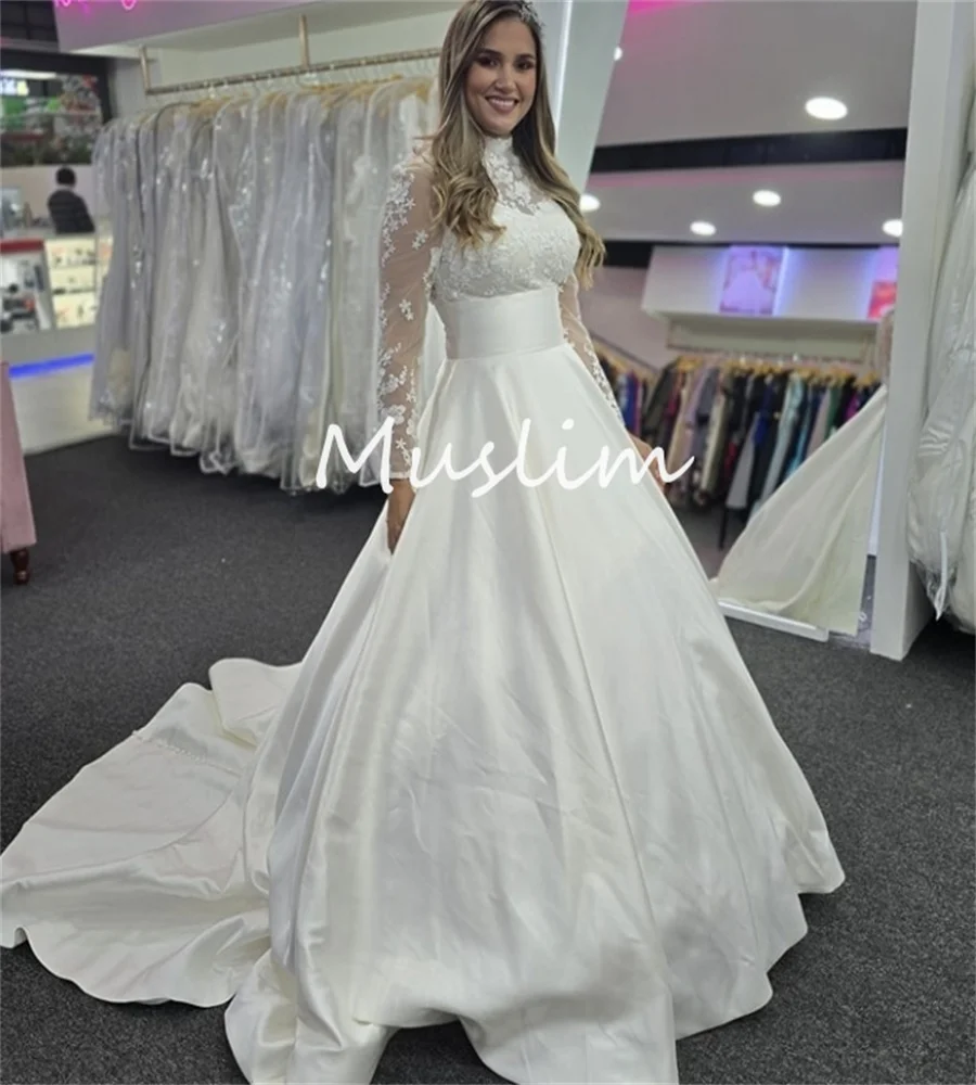 Modern Satin Long Sleeve Wedding Dress 2025 High Neck Lace Civil Country Bridal Gowns Elegant Greek Boho Bride Garden Customized