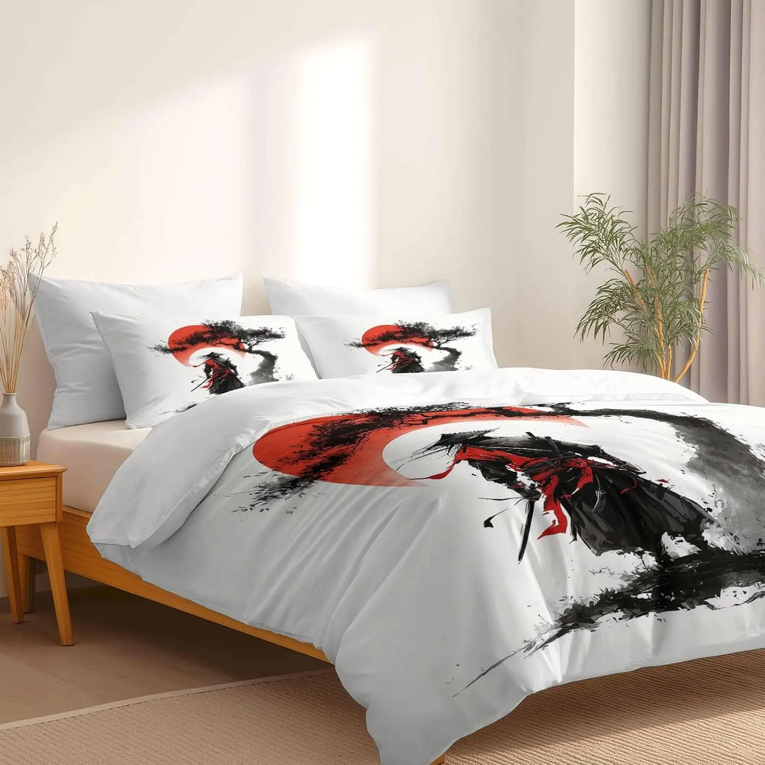White Reversible Duvet Covers Cot Bed With 1 Pillowcase Anime Style Japanese Samurai Quilt Cover 4