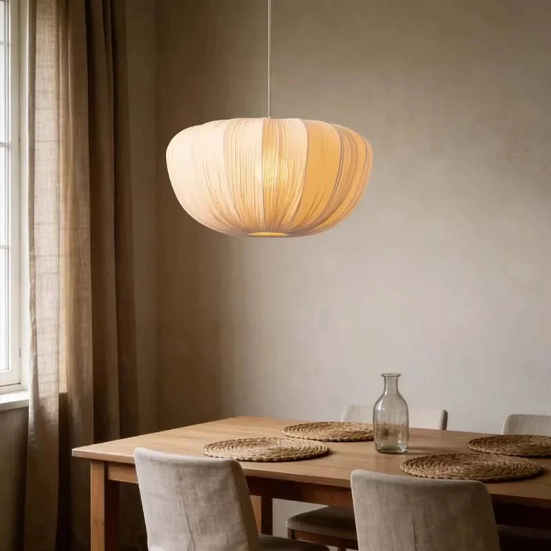 Pleated Fabric Pendant Light Beige Pumpkin Shape Hanging Lamp Nordic Ceiling Light For Dining Room Bedroom Cafe Hotel