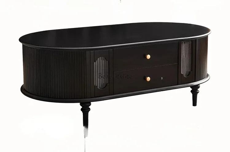 

Premium dark color all solid wood coffee table French retro storage home living room oval coffee table