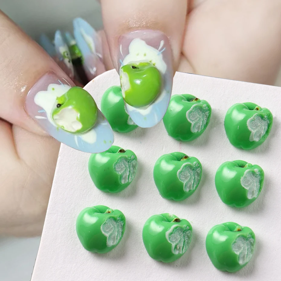 20/50/100 Stück 3D realistische Apfel-Nagel-Charms, süßer grüner erfrischender Apfel mit einem Biss, Kunstharz, Obst-Nagelkunst-Dekorationszubehör