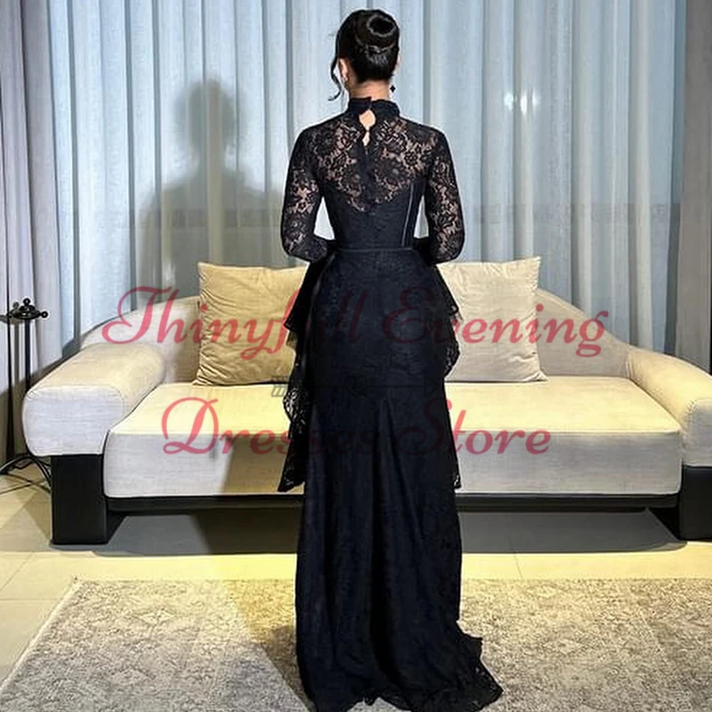 Thinyfull Black Mermaid Prom Evening Dresses V-neck Long Sleeves Lace Party Dress Formal Night Cocktail Prom Gowns Customized