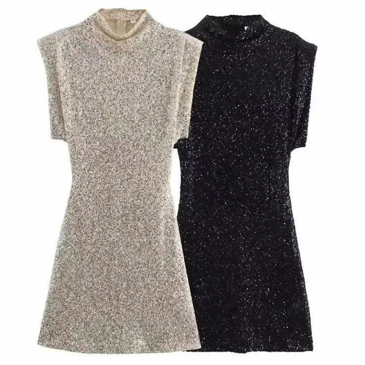 新しいファッションスパンコールミニドレス女性のためのエレガントな O ネックフライスリーブ光沢のあるショートドレス女性シックなクラブイブニングパーティー Vestidos