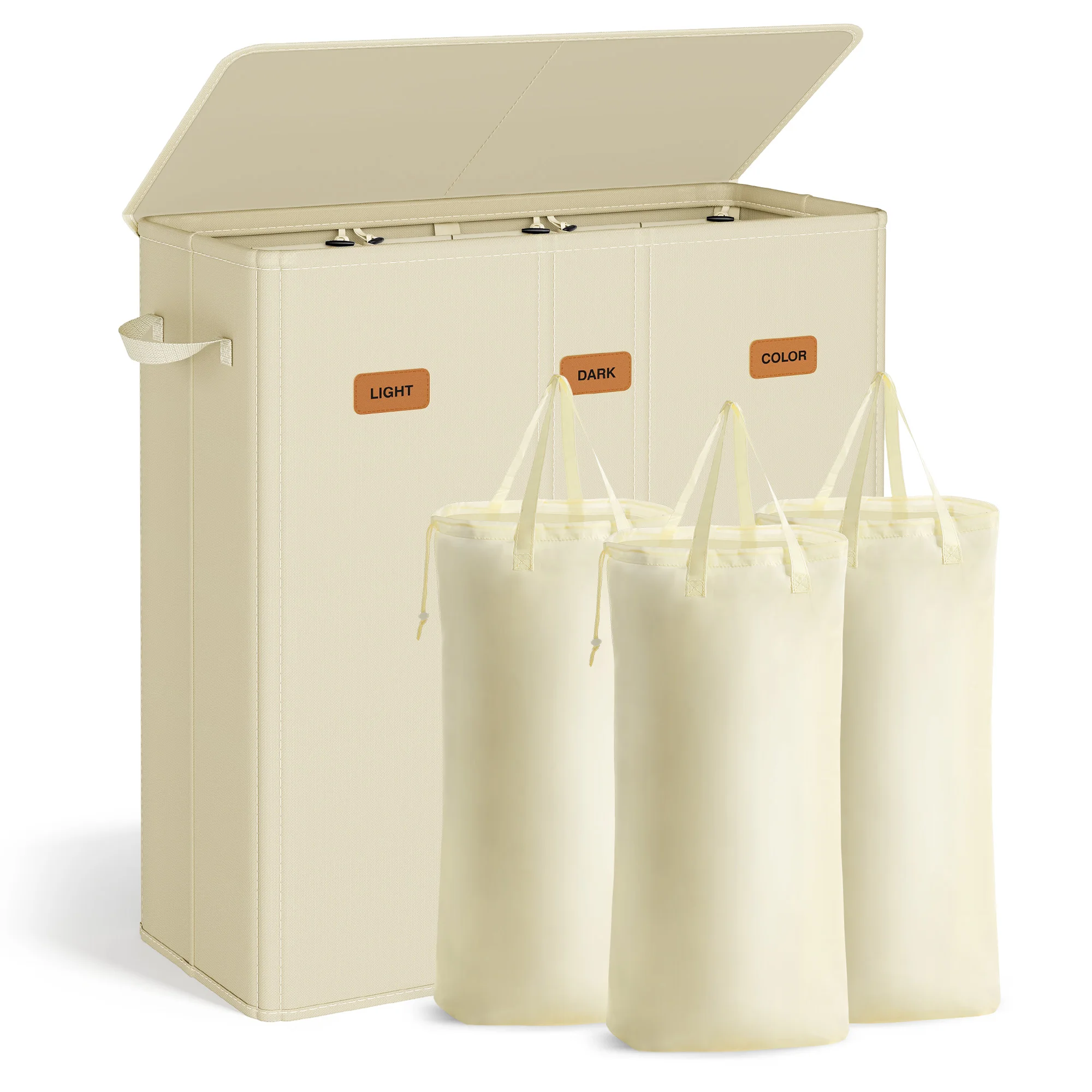 SONGMICS wasmand met 3 compartimenten, 160 L, met deksel, 5 labels, uitneembare en wasbare binnenzak,