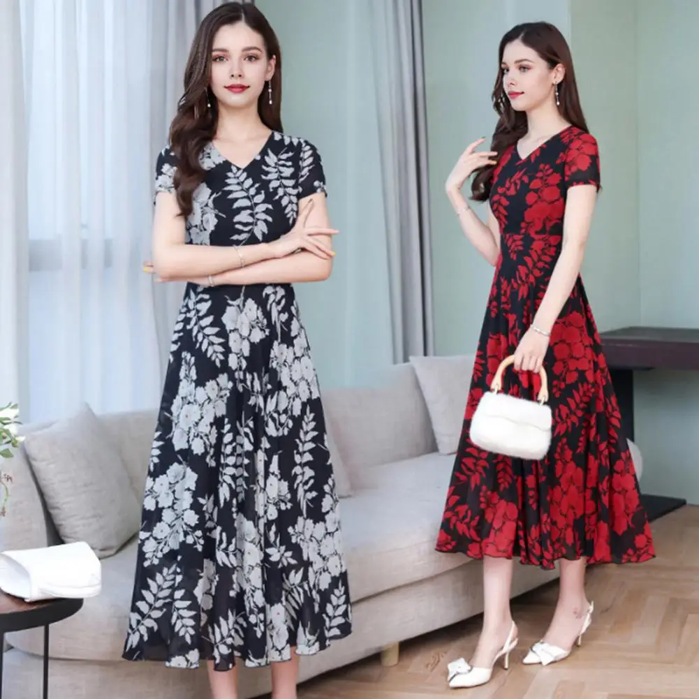 

Loose Cut Dress Printed Midi Dress Elegant V-neck Midi Dress with Flowy Hem Leaf Print Office Soft Lightweight Cotton Blend