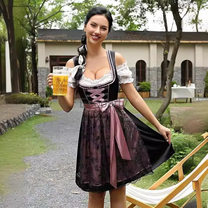 Women's Fancy Princess Sleeve Bavarian Dresses With Lace Apron Tradition Oktoberfest Costume For Women Beer Girls Maid Costumes