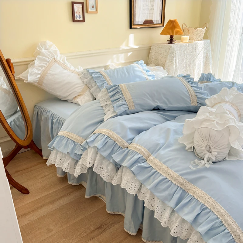 Princess Bedding Sets Luxury Hollow Out Lace Embroidery Duvet Cover Sky Blue Washed Cotton Bed Skirt Bedspread Pillowcases