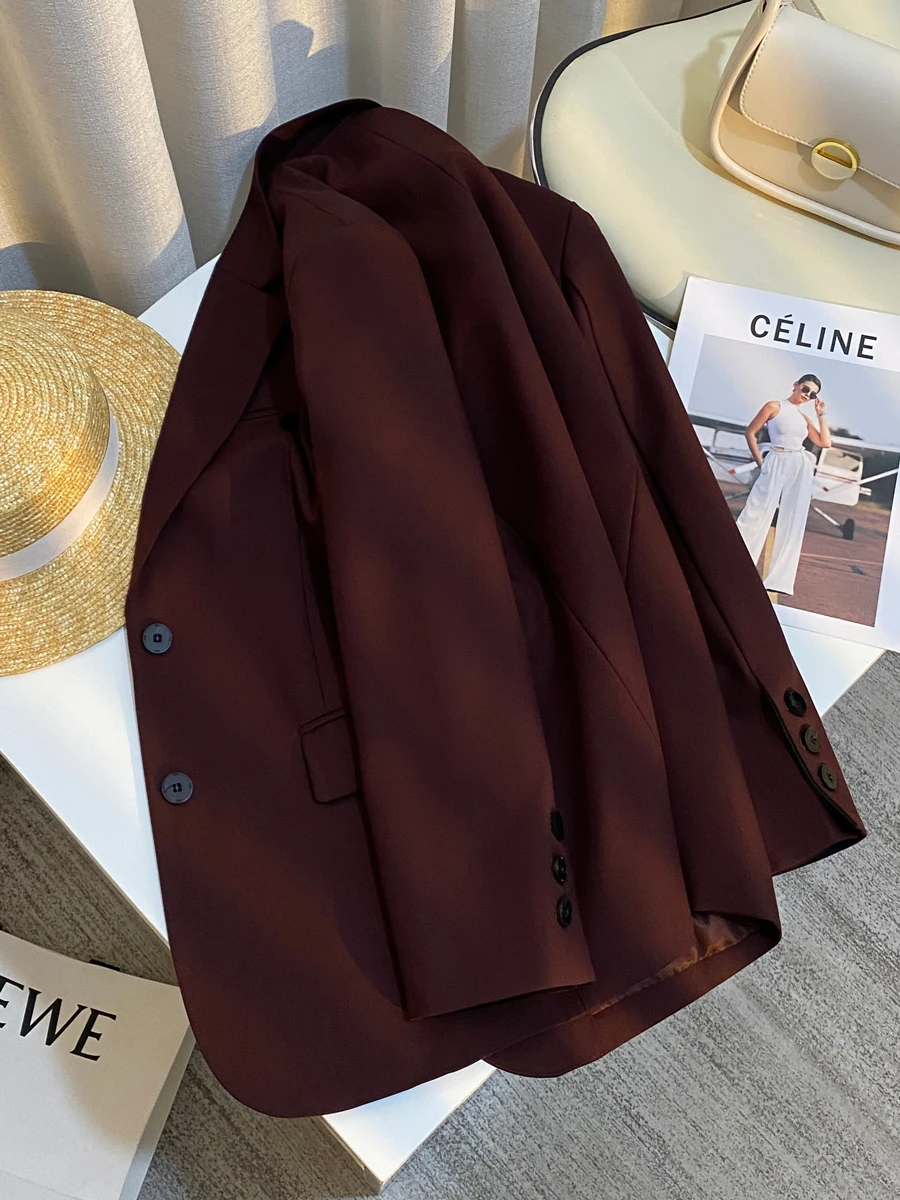 SuperAen 2024 Autumn New Solid Color Burgundy Blazer for Women Casual Korean Style Loose Notched Long-sleeved Blazer