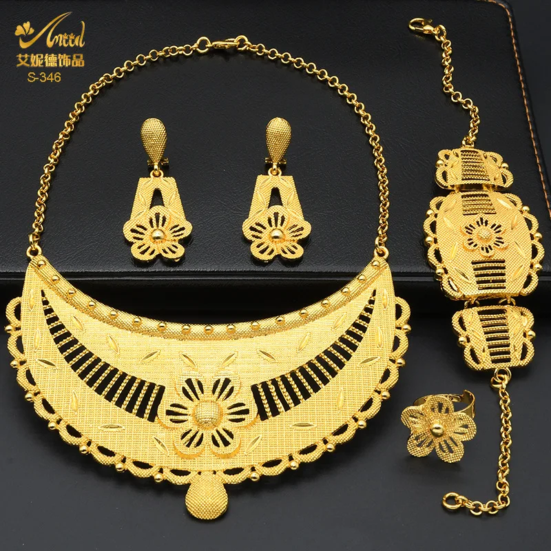 Trend Ethiopian Dubai Gold Color Jewelry Set For Women Bridal Jewellery Eritrean African Necklace Earring Bracelet Ring Sets