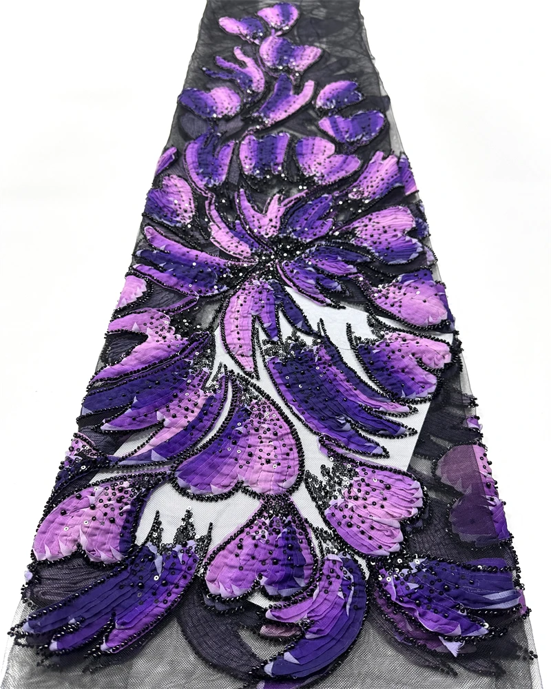 5ヤードの豪華でエレガントな手作り刺繍スパンコールビーズ付きレース、高品質のアフリカのスパンコールレース生地、ウェディング縫製用