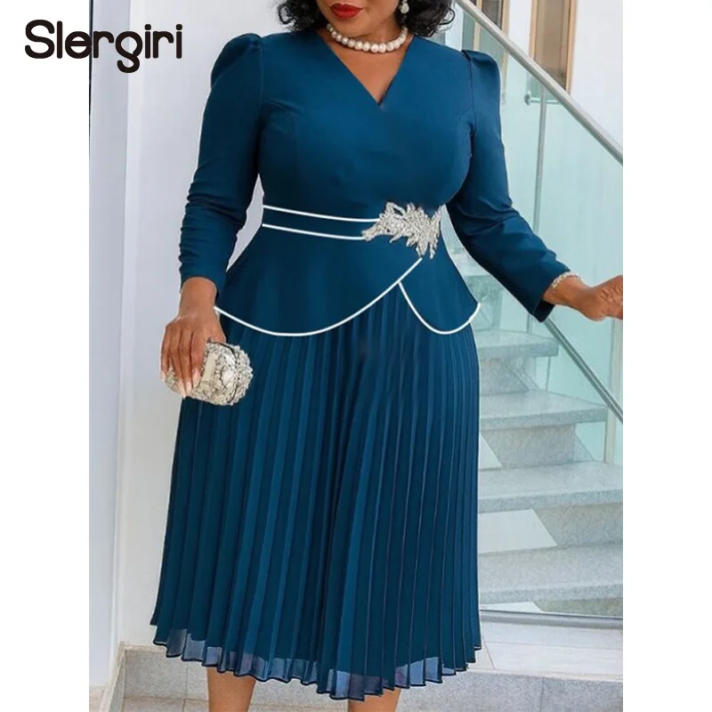 

Slergiri Plus Size 2 In 1 Appliques Pleated Long Dress Women 2026 Spring V-neck Long Sleeve Elegant Office Ladies Party Dresses