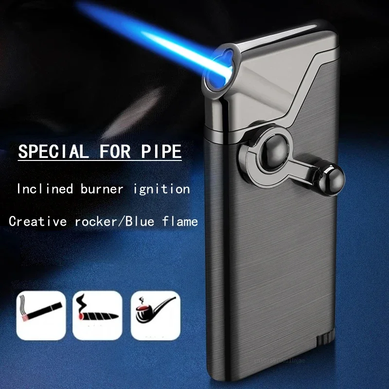 Thin Rocker Oblique Fire Windproof Metal Pipe Lighter Cigarette Cigar Butane Gas Blue Flame Direct Injection Lighter Men\'s Gift