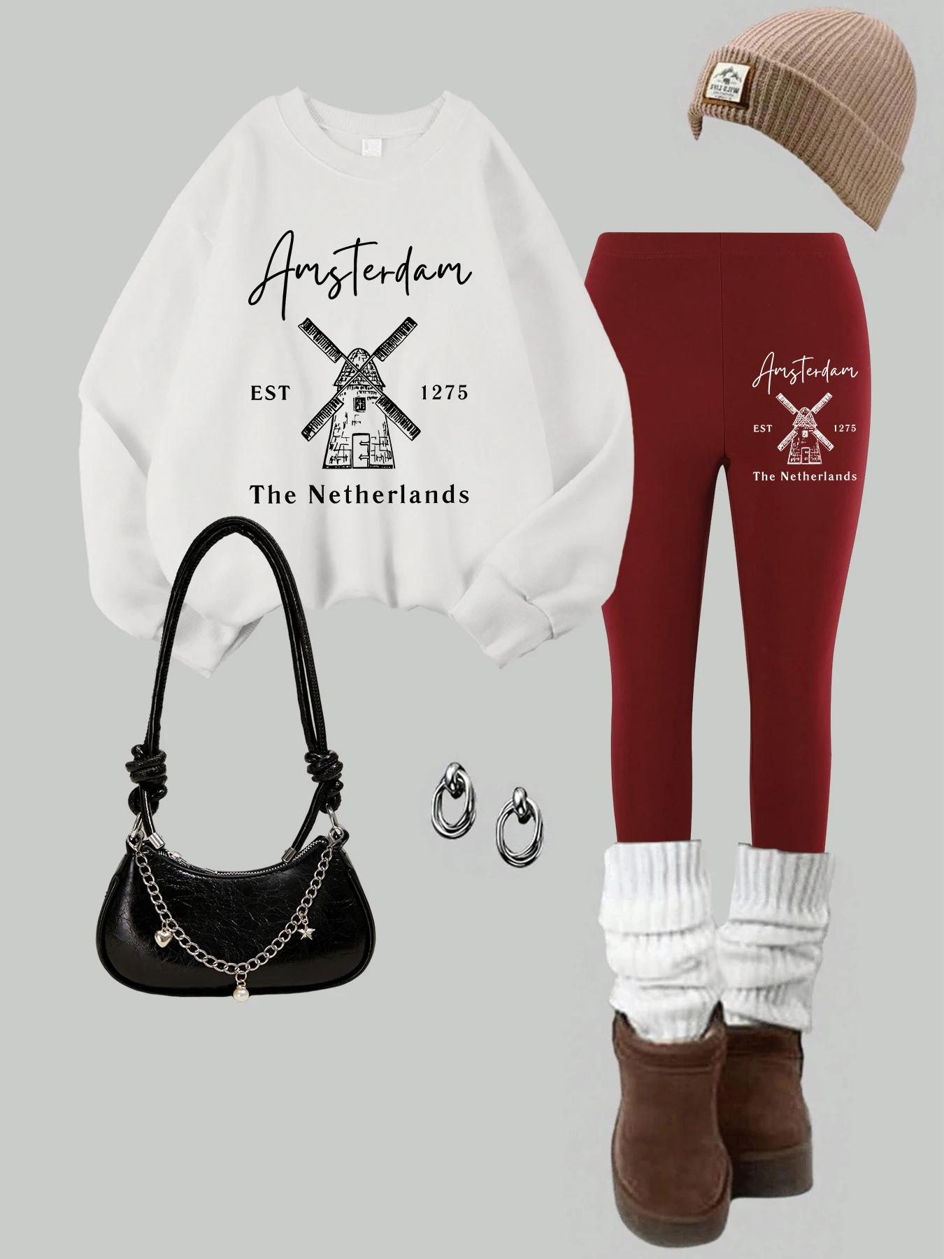 Set Legging Sweter Motif Bendera Belanda Amsterdam Wanita 2 Potong Celana Hoodie Termal Bulu Musim Gugur Pakaian Wanita Kasual