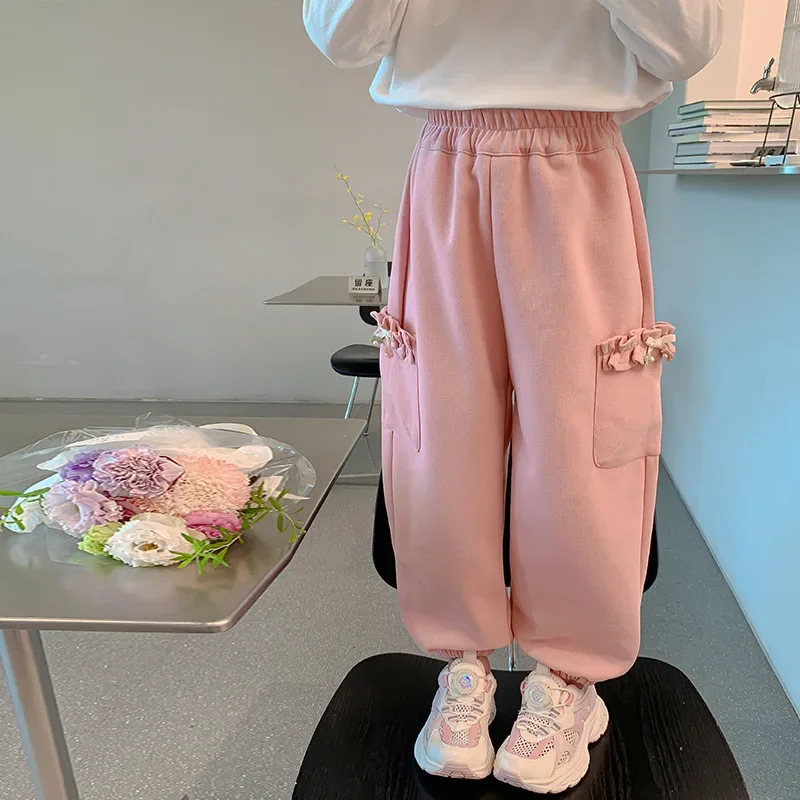 Girls Pants Autumn Children's Underwear 2024 New Baby Fashionable Little Girl Solid Color Pocket Leg Pants image 3