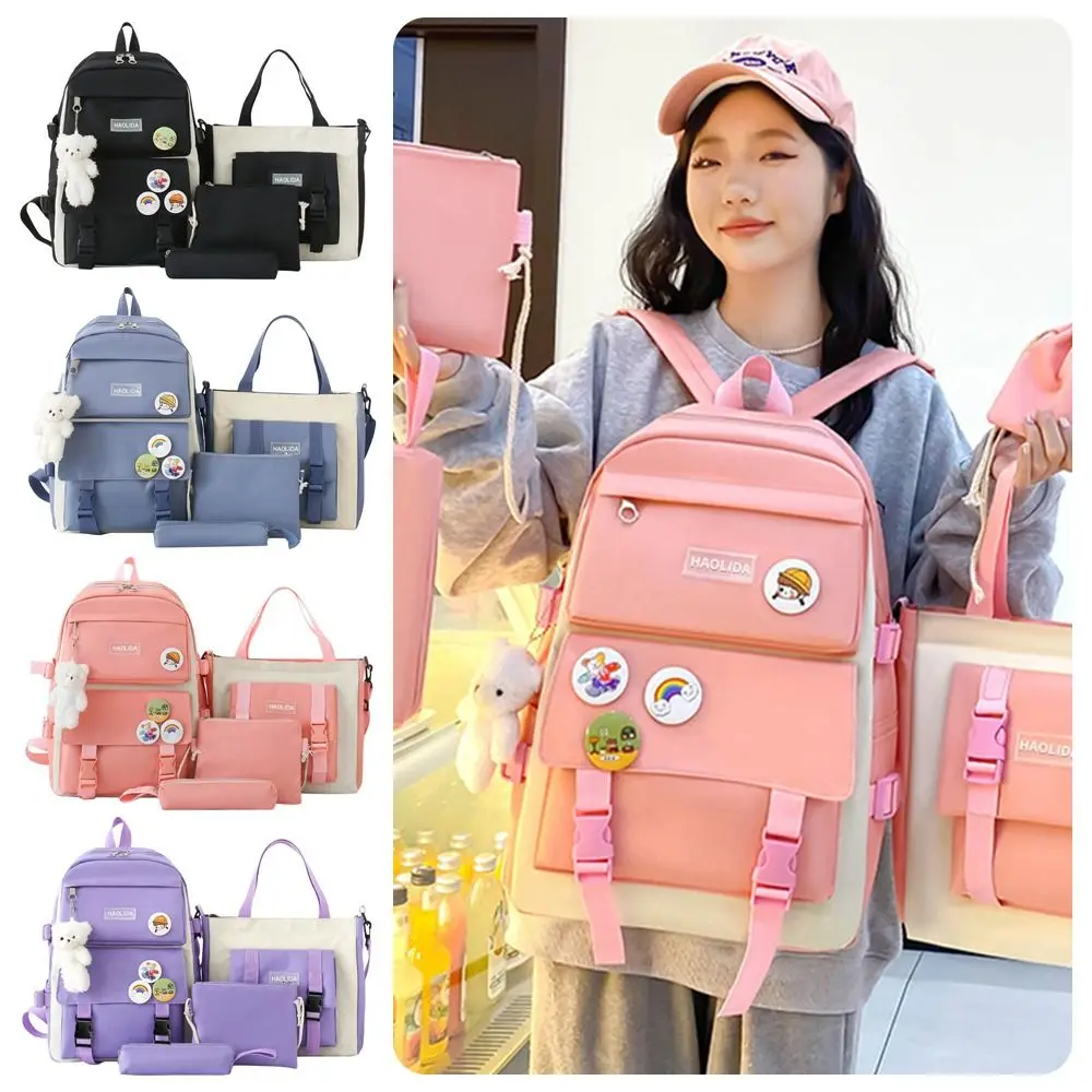 5pcs-set-kawaii-school-backpack-set-canvas-student-bookbag-tote-bag-pencil-case-storage-pouch-cute-bear-pendant-teen-girls-bags