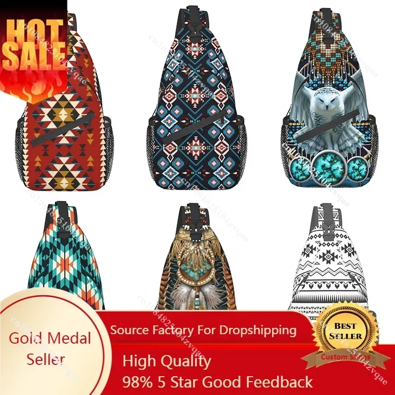 

Indian Aztec Navajo Sling Bag Crossbody Backpack,Tribal Seamless Colorful Geometric Pattern Ethnic Chest Bag Adjustable Backpack