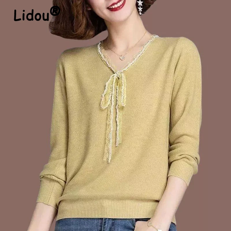 

Женский вязаный свитер с бантом, однотонный Универсальный свитер с V-образным вырезом и длинными рукавами, корейский стиль, осень 2024